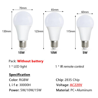 220V E27 RGB LED Light Bulb Bombillas LED 5W 10W 15W IR Remote Control Changeable Colorful RGBW Led Lamp Spotlight Bulb